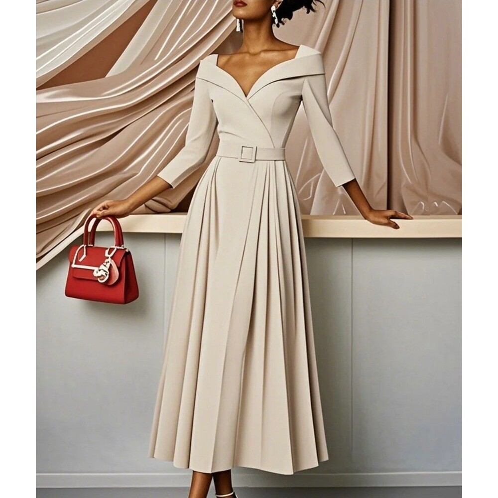 FEHAUTE Off White Off Shoulder A-Line Maxi Dress Pleated Formal Wedding 6